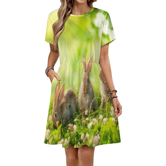 Cute Little Easter Bunnies on Green Grass Women's Dress Short Sleeve Summer Sundress Summer Women Clothes