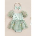thumbnail image 2 of Bagilaanoe Newborn Baby Girl Rompers Dress Floral Print Short Sleeve Bodysuits + Headband 6M 12M 18M 24M Infant Mesh Patchwork A-line Dress, 2 of 8