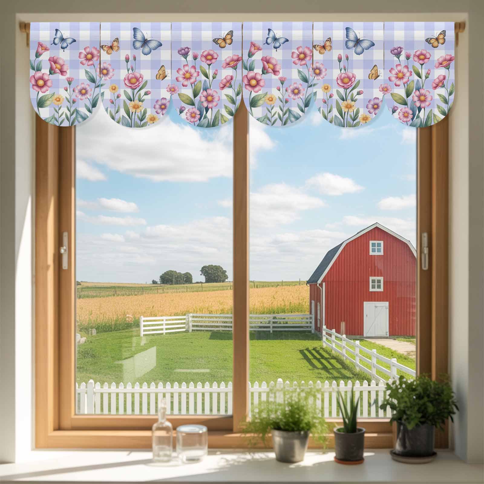 Spring Florals Door Banner Pink Yellow Floral Butterflies Purple Plaid Small Scalloped Hanging Banner for Door Hanging Flag Backdrop Decoration for Wall Window Party 3pcs 10 x 16 Inch