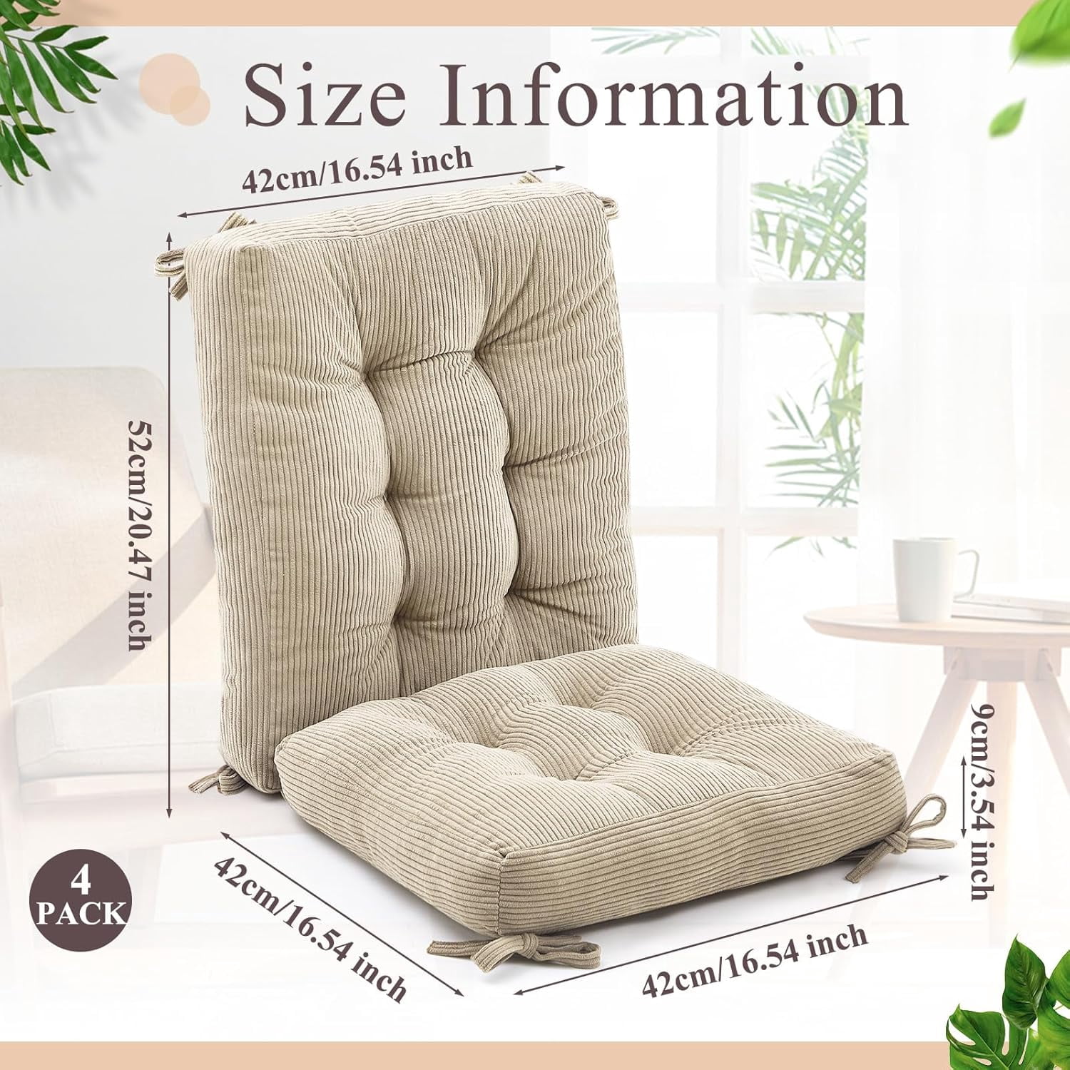 4 Set Outdoor Patio Chair Cushions Corduroy Seat High Back Tufted Pillow Replacement Rocking Patio Chair Pads for Outdoor Indoor Home Office (Beige)