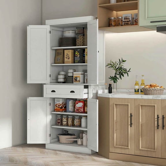 Spaco 72.5" Kitchen Cabinet with 4 Doors and Drawer, Pantry Storage Cabinet, Freestanding Food Pantry Cabinet for Indoor as Kitchen, Bar, Dining Room, White