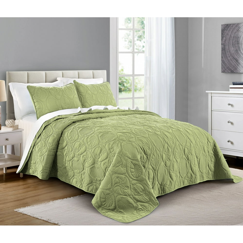 Quilt Set Full Size Sage Oversized Bedspread Soft Microfiber
