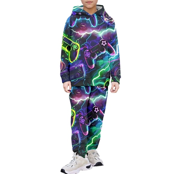 Ediodpoh Outfit for Kids Boys Hooded Outfits Sets Long Sleeve Graphic Print Pullover Jogger Pants Casual Tracksuit for Toddler Kids Youth Everyday Wear Boys Casual Set Multicolour 10-11 Years