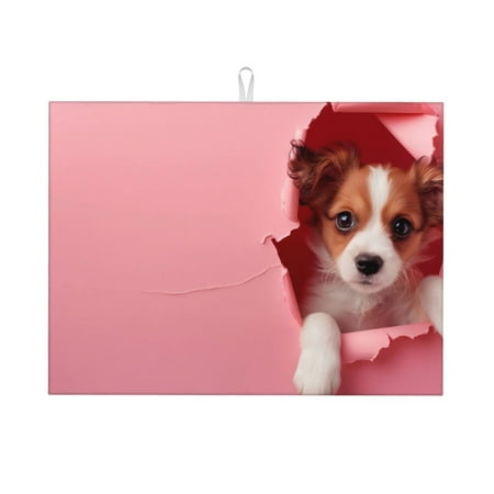 

Adobk Puppy Peeking Through Pink Print Microfiber Dish Drying Mat Baby Bottle Drying Mat Kitchen Counter Dish Mat Super Absorbent