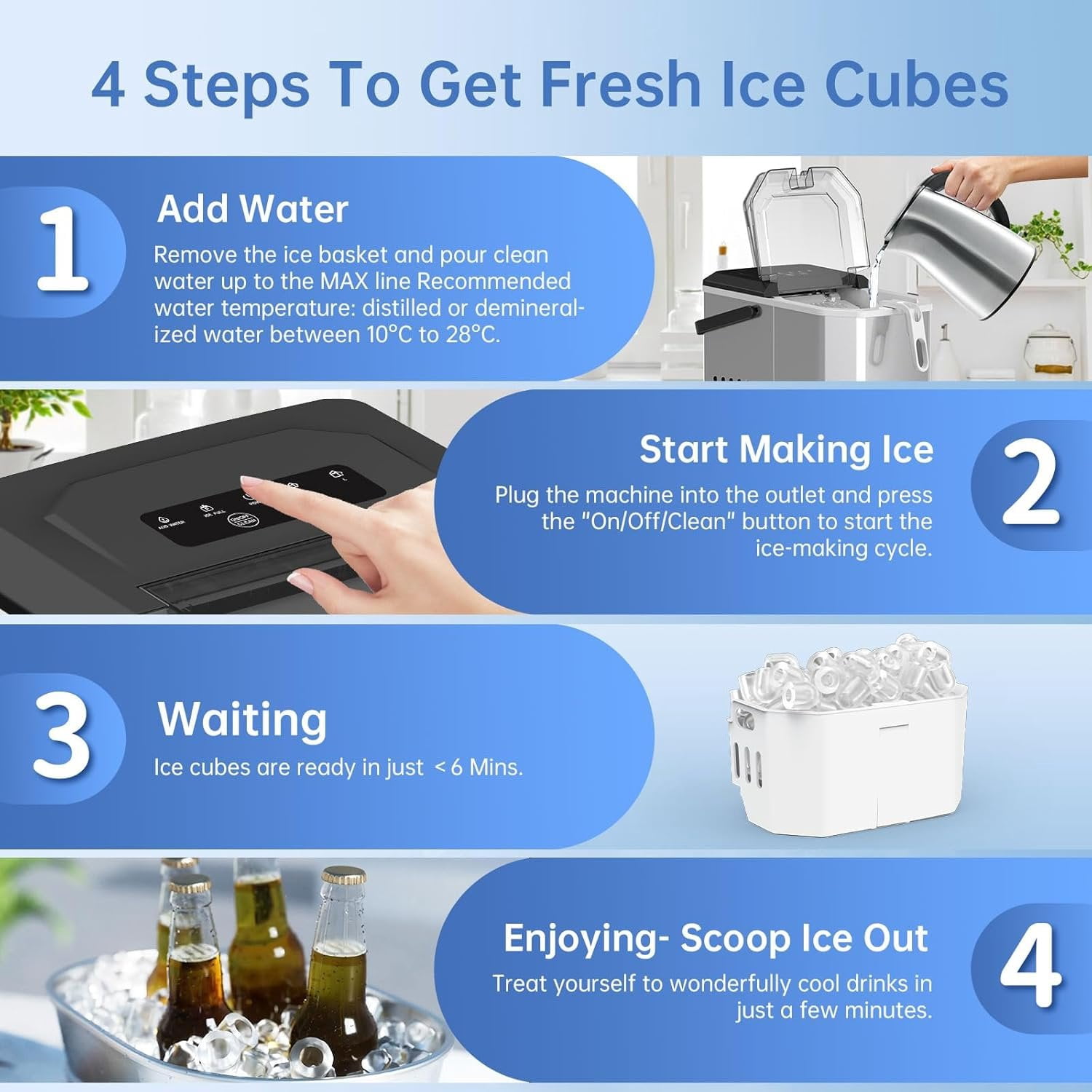 Stainless Steel Ice Maker, Self-Cleaning Ice Maker Machine, 12kg/24H, 2 Sizes 9   in 6 Mins Ice Machine with Handle, Scoop & Basket, 1.5L  Maker for /Kitchen/Office/Bar