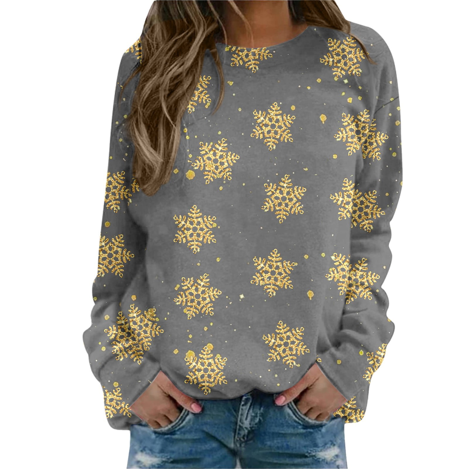 Bmisegm T-Shirt à Manches Longues pour Femmes, Imprimé, Décontracté, Gris TTG