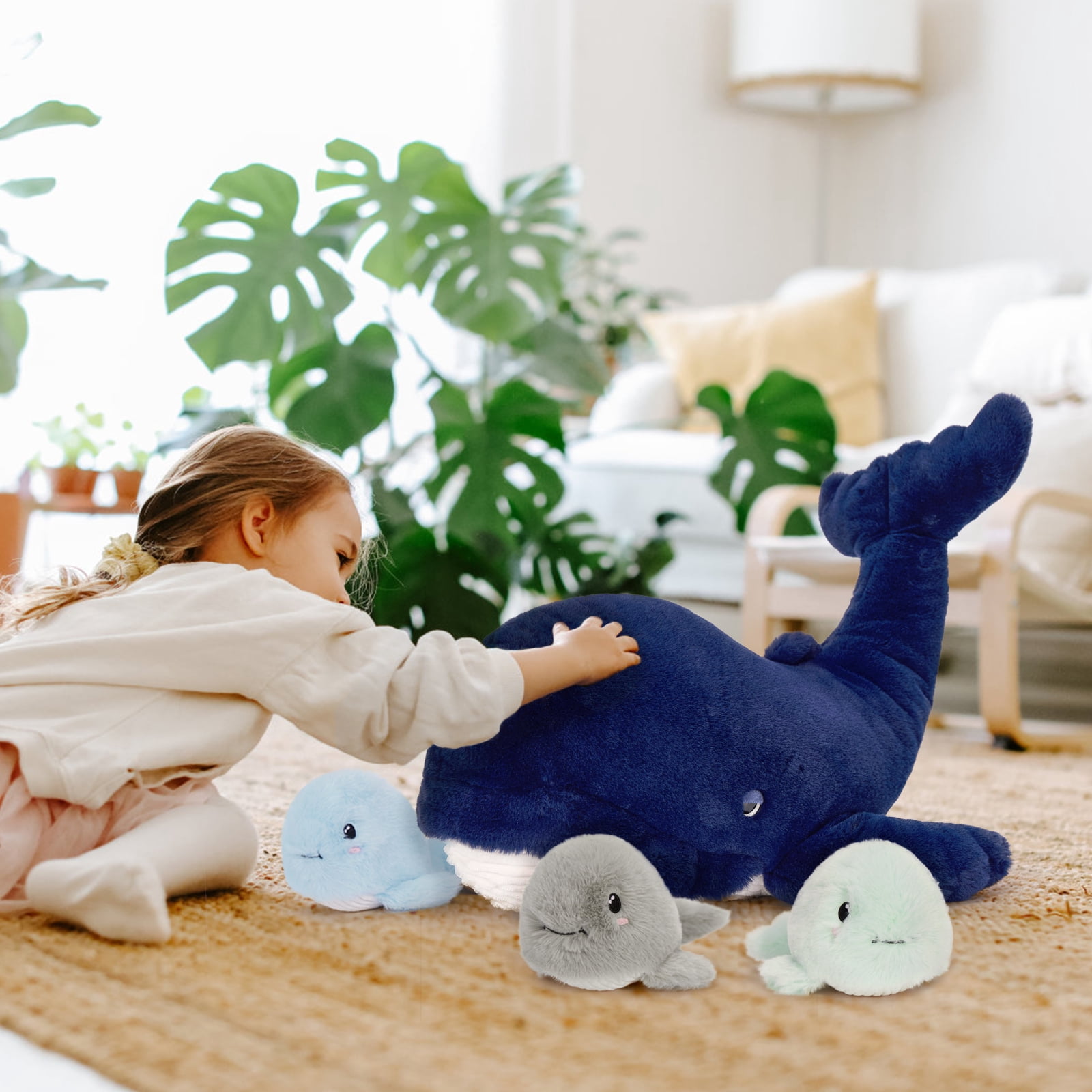 MaoGoLan 4pcs Blue Whale Stuffed Animals 19'' Giant Whale With 3 Whale Babies Plush Toy