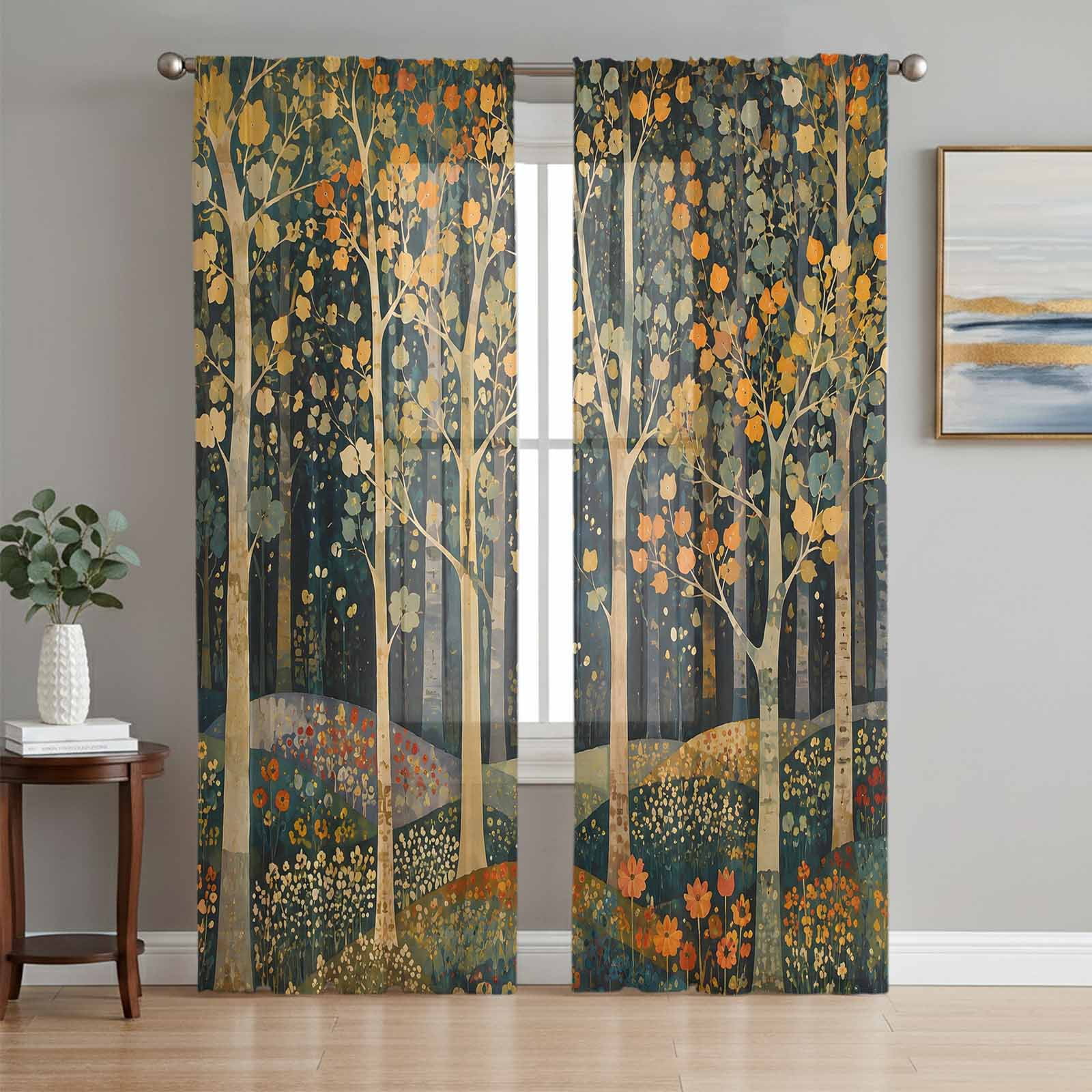 Fall Rustic Sheer Curtains 84 Inches Long, Farmhouse Maple Trees Leaves Woodland Light Filtering Window Curtains for Living Room/Bedroom, Rod Pocket Voile Sheer Curtain Drapes, 52"W x 84"L, 2 Panels