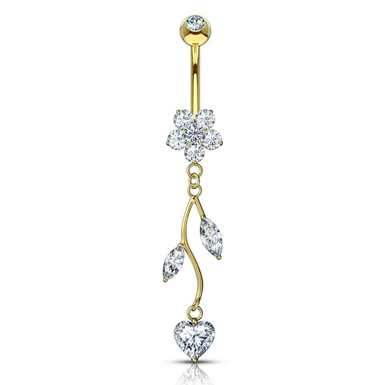 14K Gold Belly Navel Ring Vine CZ Dangle 14 Karat Solid Yellow