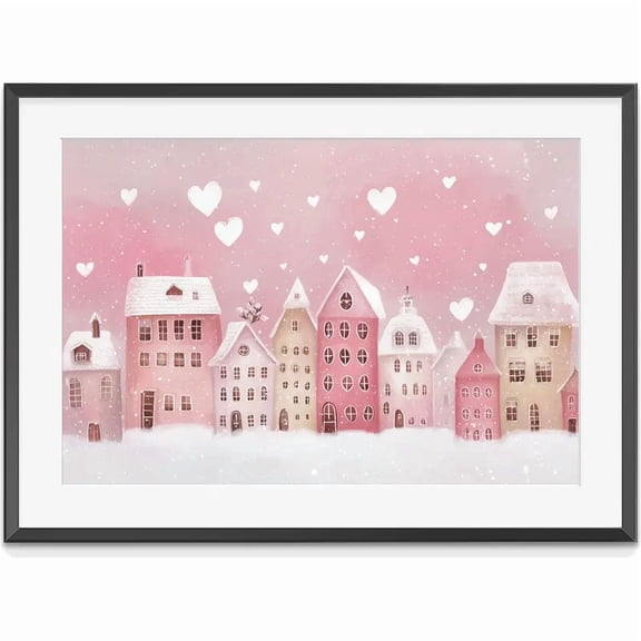 Cute Valentines Day Wall Art Pink Valentine Village Art Valentines Day Painting, Matte Canvas Stretched, Posters for Room Bedroom Living Room Bathroom Wall Decor, Posters & Art Prints, Gift.