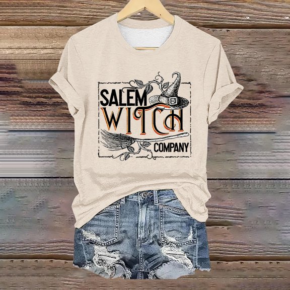 Beige Casual Women's Tops Crew Neck Halloween Pumpkin Shirt, Spooky Season Tee, Fall Graphic Short Sleeve Tee L