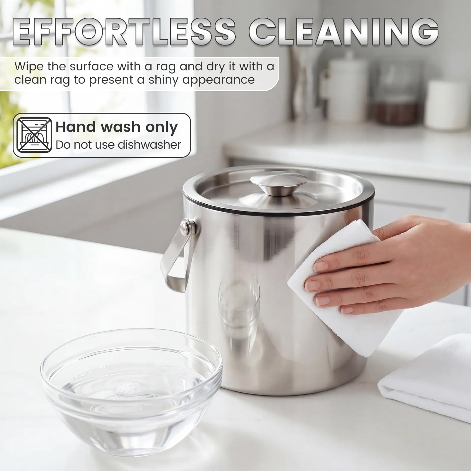Stainless Steel Ice Bucket - 3 Quart (3L) Double-Wall Insulated Ice Buckets for Parties with Lid Scoop Strainer & Handle Beverage Large Champagne Wine Drink Container Holder Ideal
