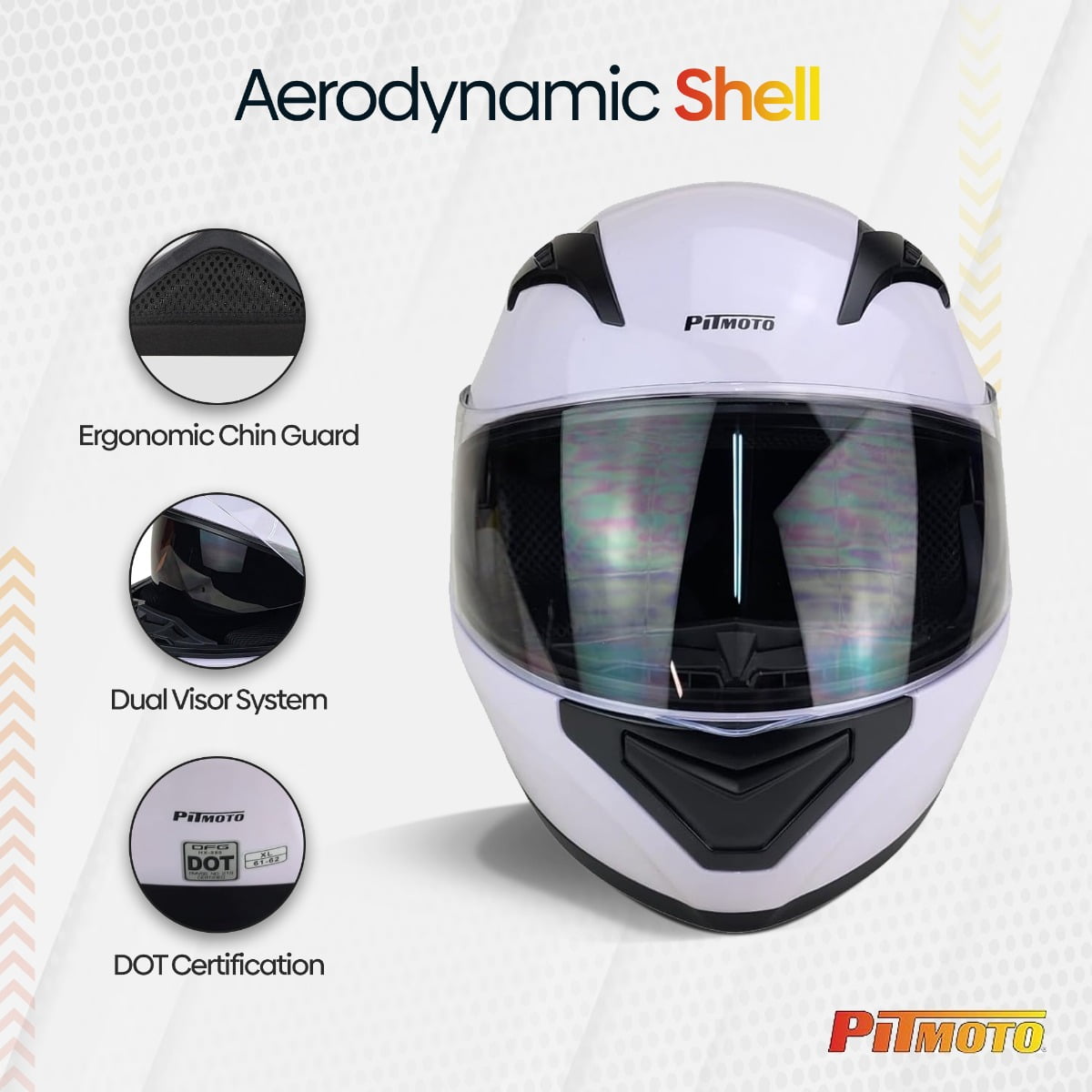 PITMOTO PM-888, Full Face Dual Visor DOT Approved Motorcycle Helmet-White-X-Large