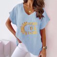 thumbnail image 2 of Camiseta de Manga Corta con Cuello en V con Impresión de Girasol, Algodón Casual Y Top de Cáñamo, 2 of 4