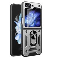 Dteck for Samsung Galaxy Z Flip 5 Case wtih Screen Protector, Samsung Z Flip 5 Shockproof Phone Case, Rugged Heavy Duty Cover with Magnetic Ring Holder Stand,Silver