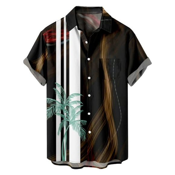 Lolmot Men Casual Fashion Turndown Collar Printing Short Sleeve Have Pockets Cardigan Button Shirt Tops Blouse