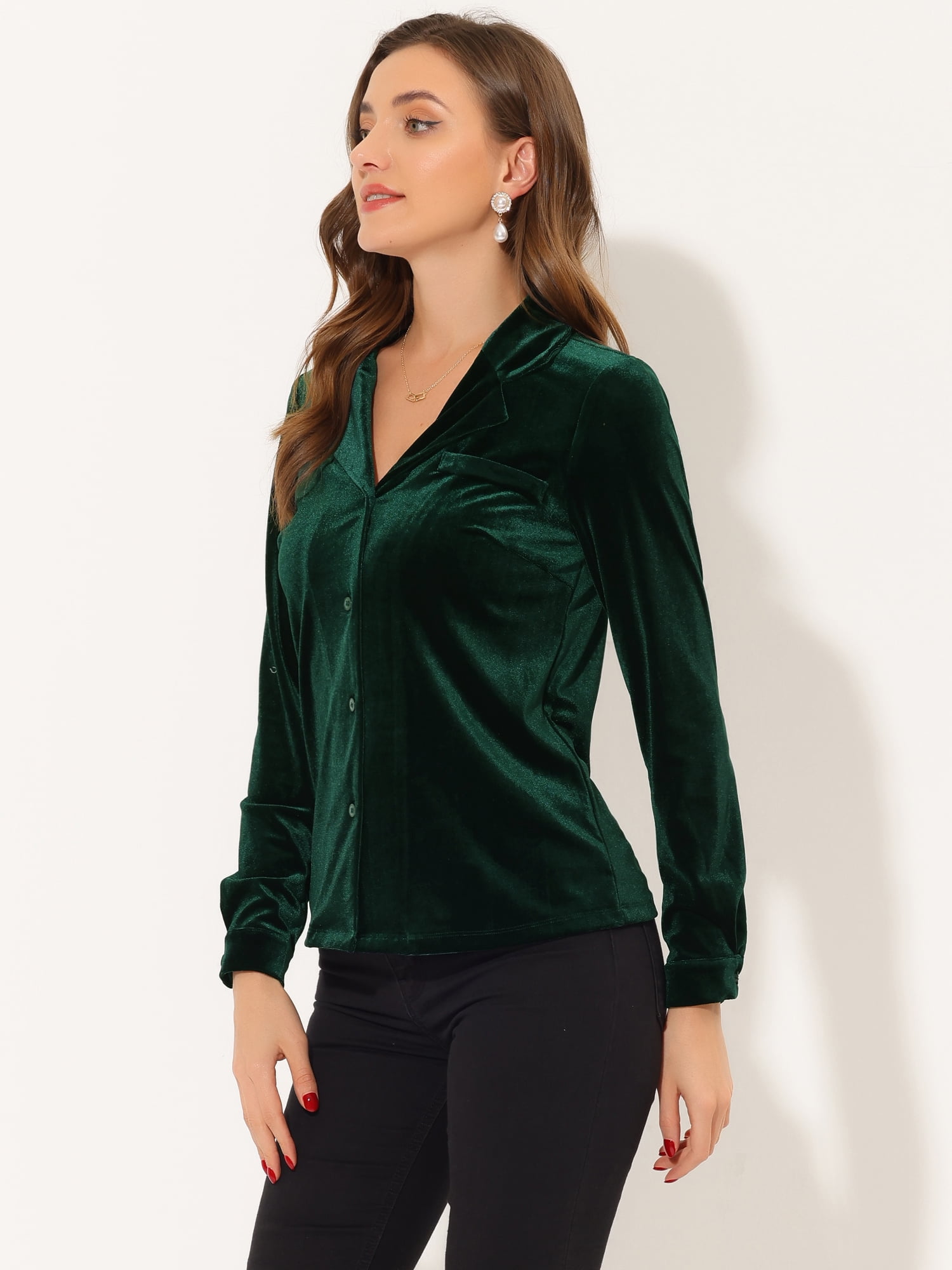 DARING DIVA Women's Retro Velvet V Neck Long Sleeve Button Down Shirt M Dark Green