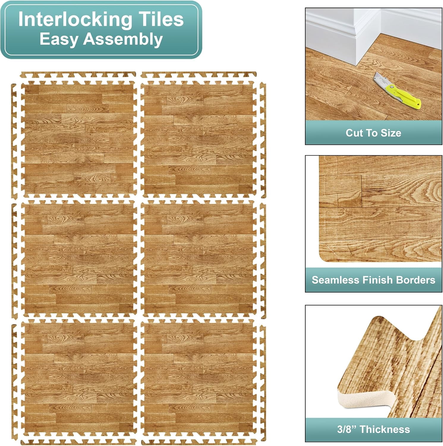 JessieMal Wood Grain Floor Tiles Foam Mat EVA Interlocking Mats Tile 3/8-Inch Thick Flooring Wood Puzzle Exercise Mats w/Borders - Home Playroom Basement, Apartment, Trade Show, Baby, Dance