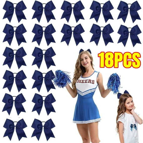18 PCS Packs Jumbo Cheerleading Bow, 8 Inch Large Hair Bow with Ponytail Holder, Softball Uniform (Navy Blue)
