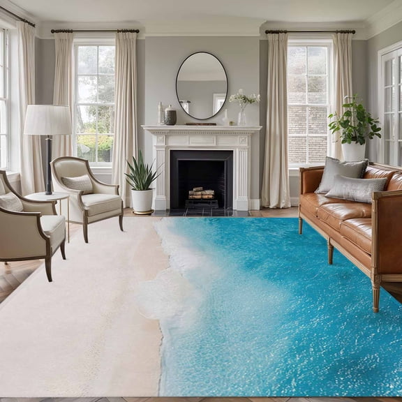 Blue Beach Coastal Area Rugs 8'x10', Washable Small Throw Rugs for Living Room Patio, Summer Nautical Ocean Seaside Indoor Outdoor Rug Non-Slip Low Pile Carpet Runner Reversible Floor Mats