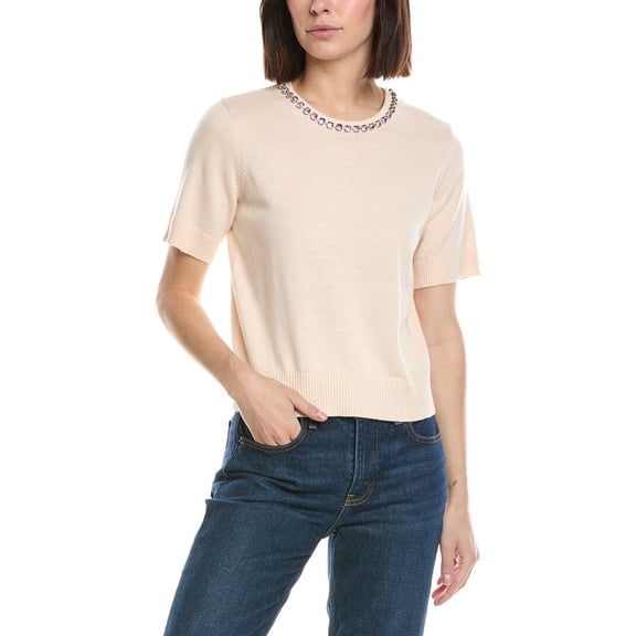 CeCe womens Embellished Neck Sweater, l, White