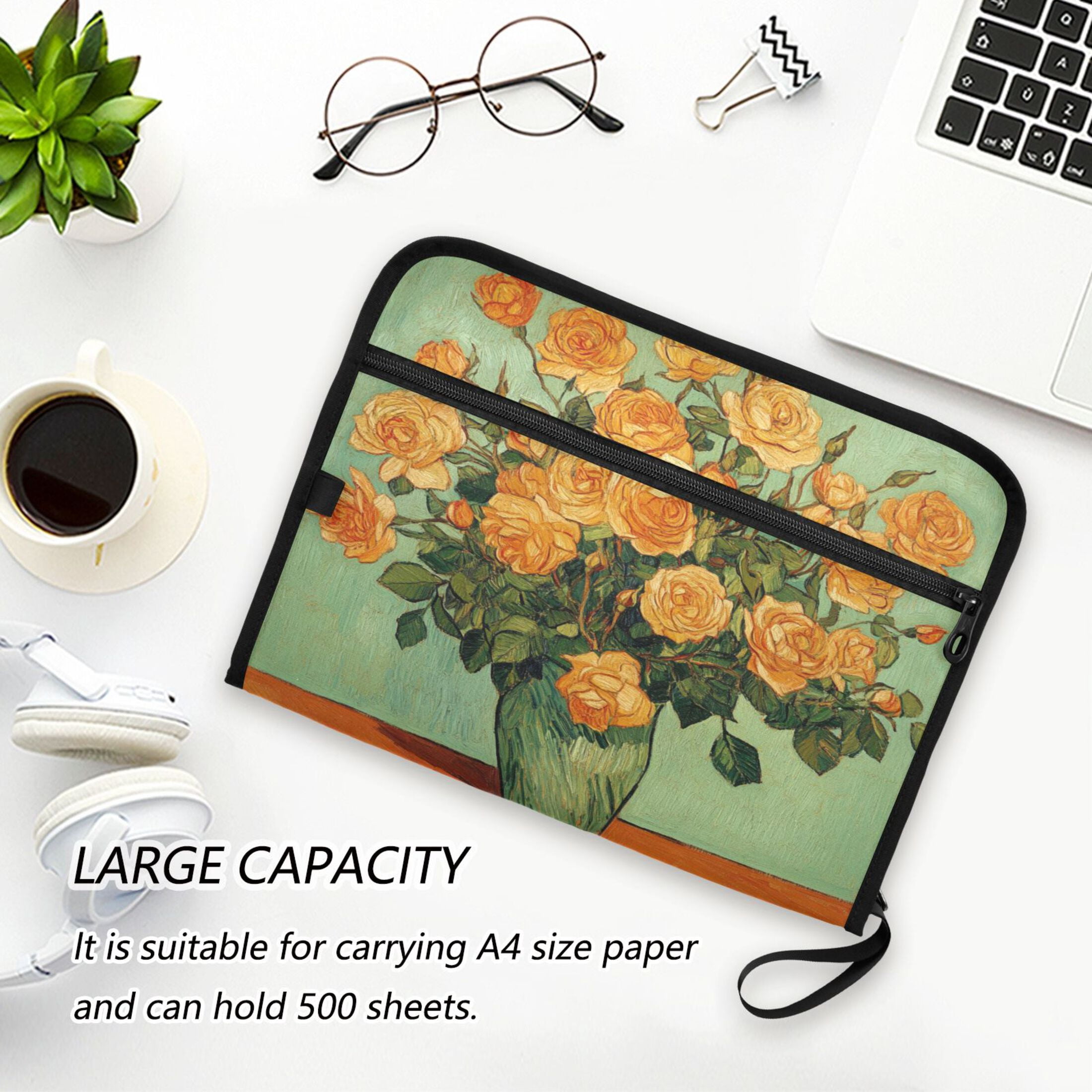 WOBOGO Oil Painting Patterns for Yellow Rose Pots Expanding File Folder Letter Size Accordion Filing Organizer 13 Pocket Separate Organ Pocket