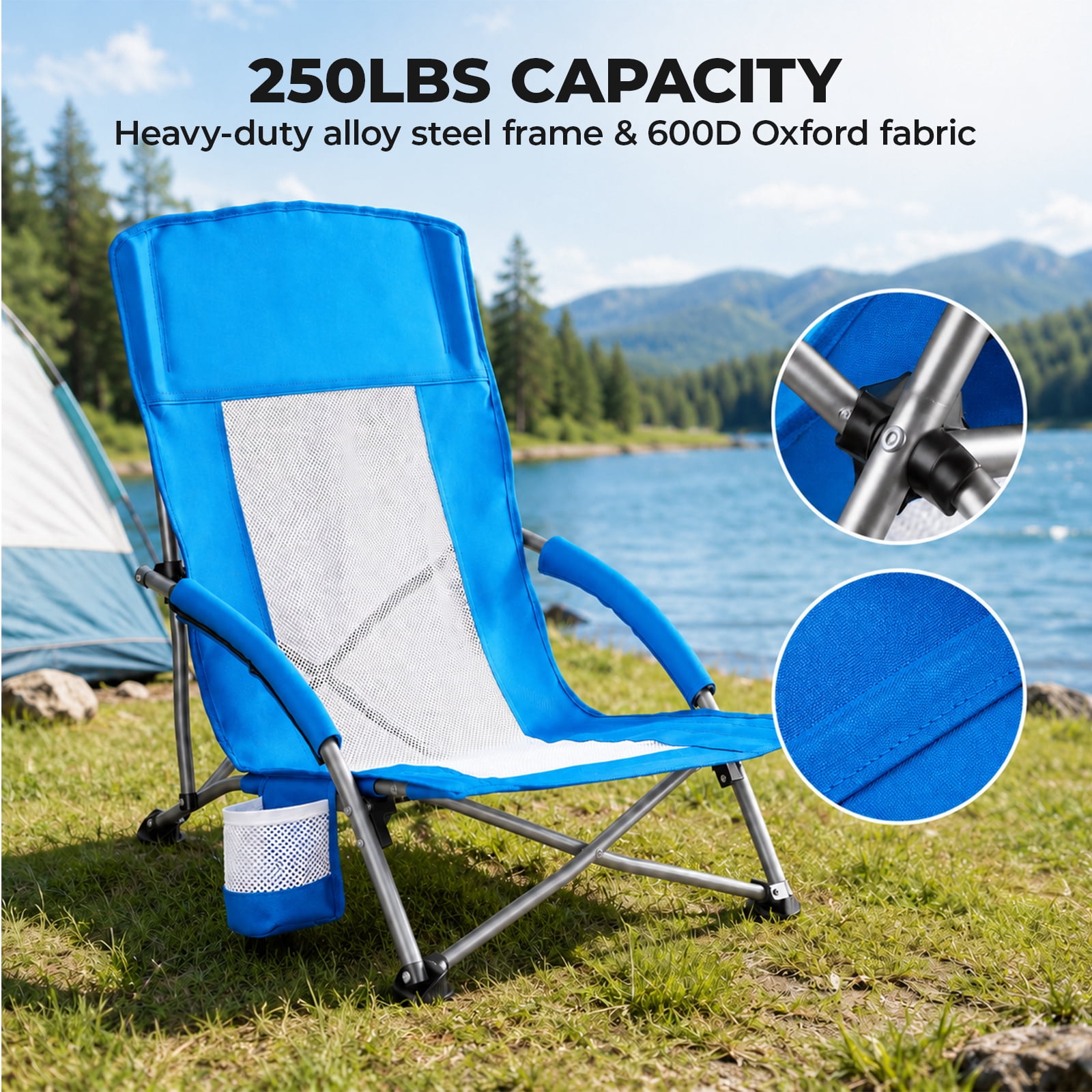 Alvantor Camping Chair - Folding Outdoor Chair with Mesh Back, Cup Holder, Heavy Duty 250 LBS, Portable with Carry Bag for Beach Picnic