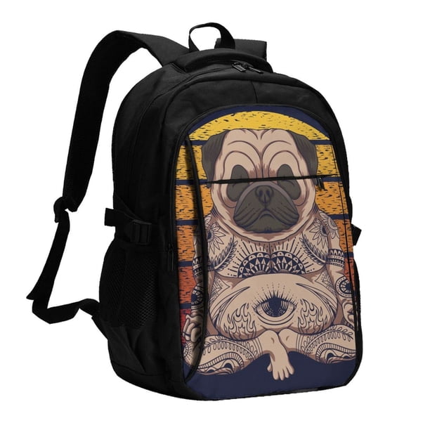 Fotbe Pug dog Yoga Mochila con Estampado y Puerto USB para Hombre y Mujer, Mochila Antirrobo, Mochila de Viaje, Mochila Escolar, Mochila Universitaria