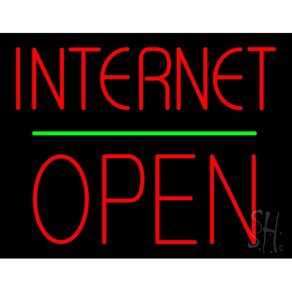 Internet Block Open Green Line LED Neon Sign 15 x 19 - inches, Clear Edge Cut Acrylic Backing, with Dimmer - Bright and Premium built indoor LED Neon Sign for Computer & Electronics store decor.