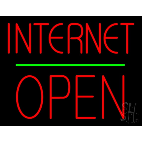 Internet Block Open Green Line LED Neon Sign 15 x 19 - inches, Clear Edge Cut Acrylic Backing, with Dimmer - Bright and Premium built indoor LED Neon Sign for Computer & Electronics store decor.