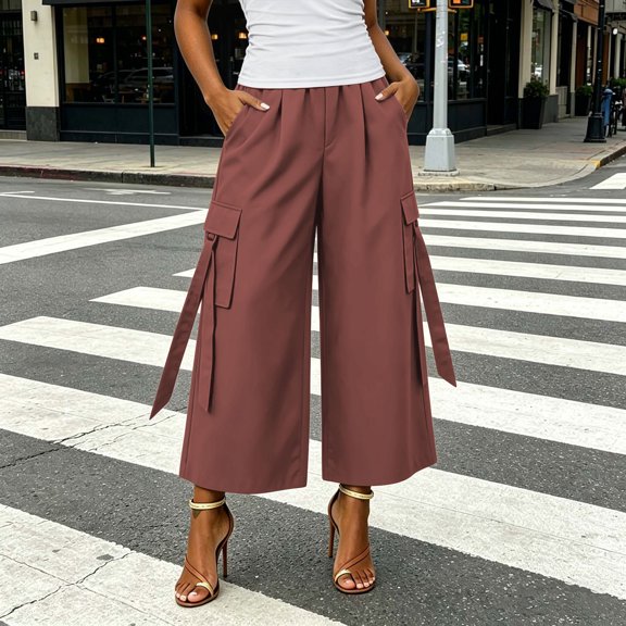 Karymi Athletic Shorts for Women Elastic High Waist Cargo Capri Pants, Wide Leg Cropped Trousers with Ribbon Detail and Pockets, Casual Solid Culotte Pants Athletic Shorts for Women