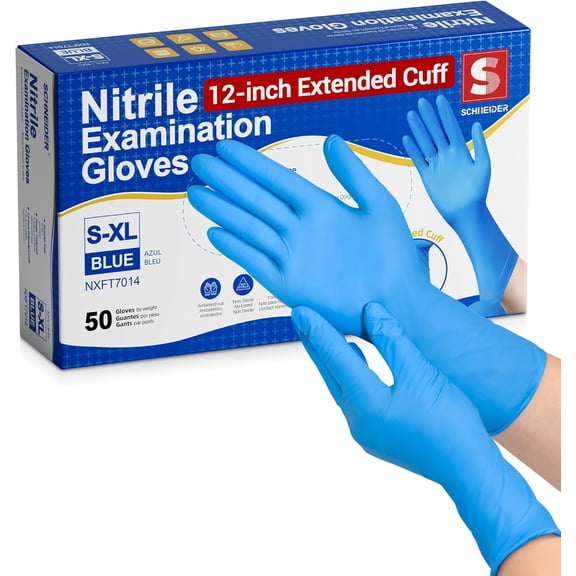 JJEAN-Nitrile Exam Gloves, Extended 12 Inches Cuff, Medium, 4 mil, 50-ct Box, Gloves Disposable Latex Free, Powder Free for Medical, Food Prep, Cleaning, Cooking, Blue