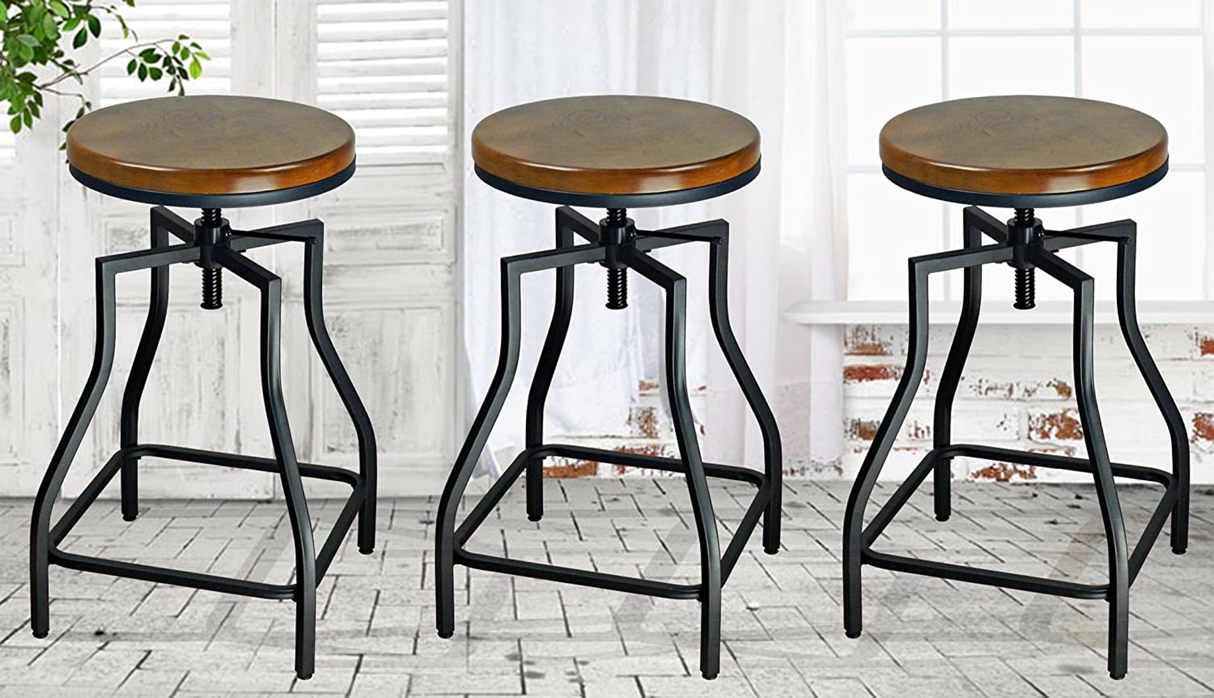 Set of 3 Adjustable Swivel Metal Barstools with Wood Veneer Seat