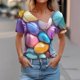 thumbnail image 2 of Top de Verano de las Mujeres, Cuello en V Moda Casual de Manga Corta Blusa, Primavera Y Verano Ligero Top, 2 of 9