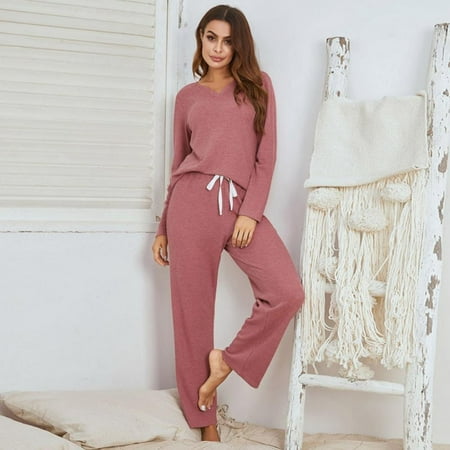 

Clearance! Pyjamas for women Polyester Pajamas ladies family suit Spring Autumn long-sleeved pajamas two-piece set casual wear increased Plus Size