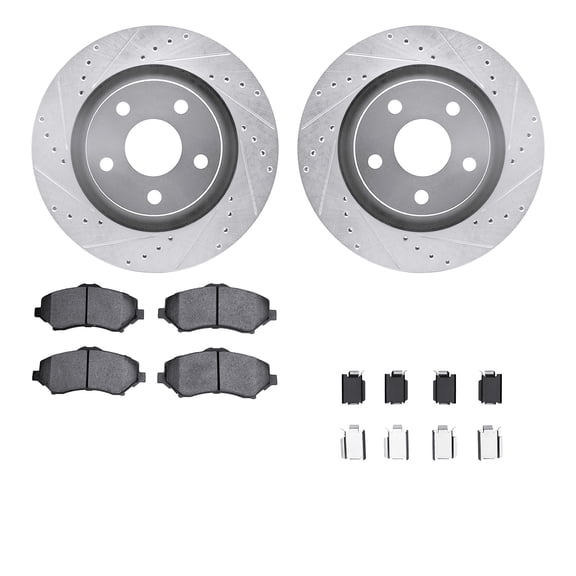 Dynamic Friction Company Front Brake Rotors-Drilled and Slotted-Silver with 5000 Euro Ceramic Brake Pads includes Hardware 7612-42014