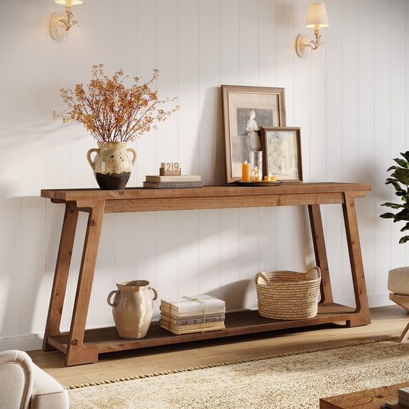 63" Solid Wood Console Table with 2-Tier Storage, Natural Farmhouse Narrow Entryway Sofa Table for Hallway Living Room