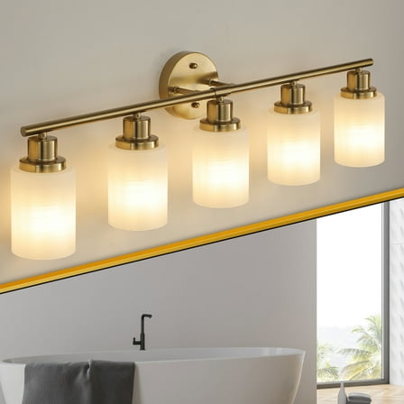 5-Light Gold Finish Modern Bathroom Vanity Light with Frosted Glass Shades - Wall Mounted Mirror Lighting for Bedroom/Bathroom (Bulbs Not Included)