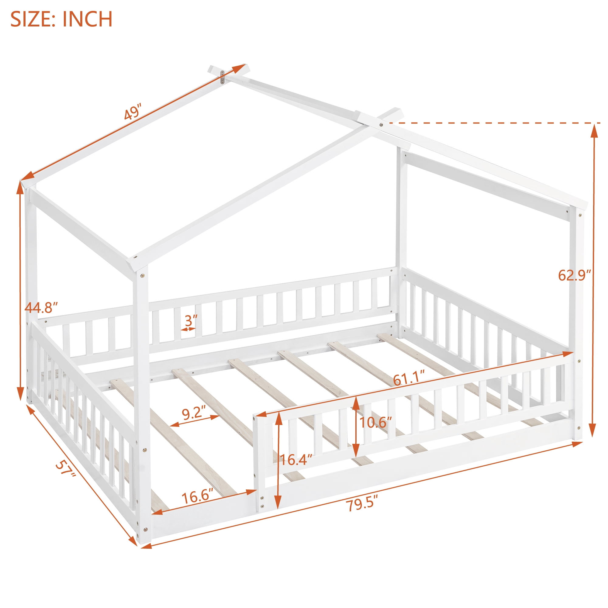 Bellemave Full Size House Floor Bed for Kids, Wooden Montessori Full Bed with Fence Railings and Support Slats, No Box Spring Needed (White)