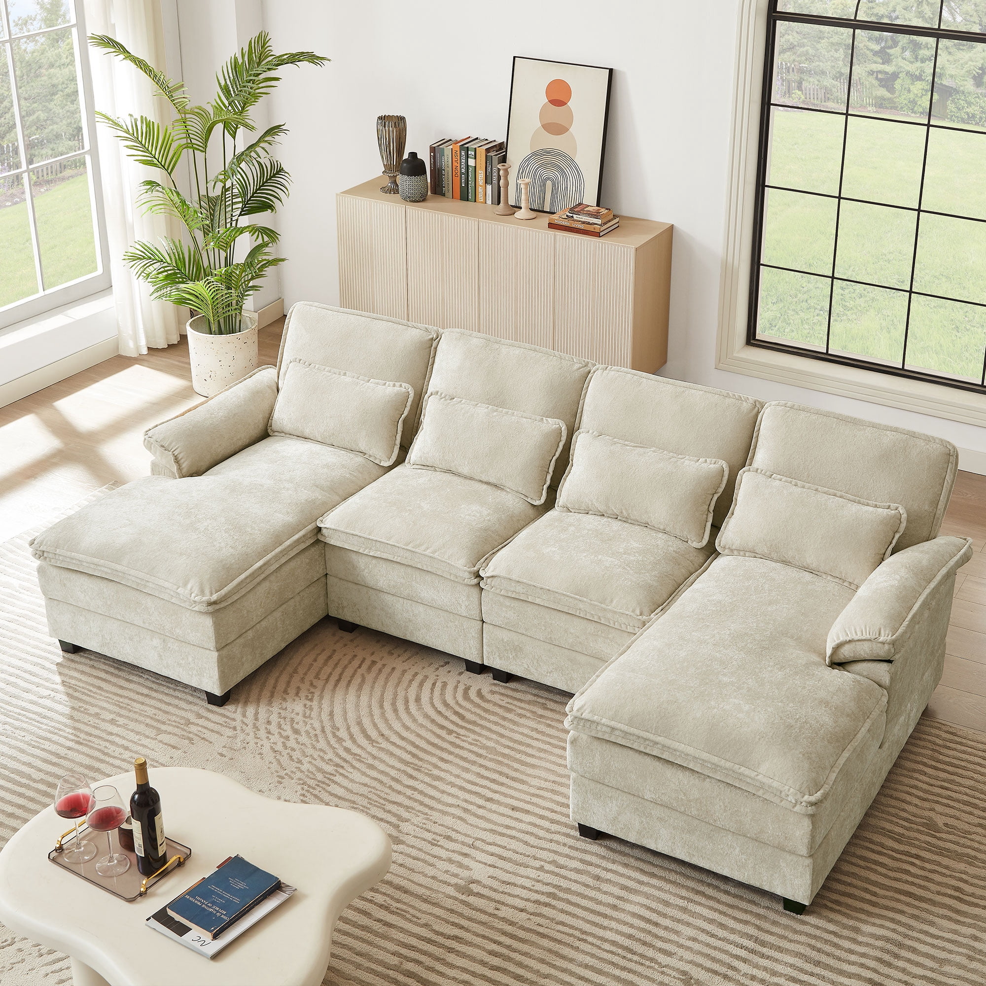 Pingliang Home Oversized Sectional Sofa U Shaped Couch 4 Seat with 4 Waist Pillows,Chenille Upholstery Symmetrical Sleeper Sofa Cloud Couch with Double Chaise Lounge for Living Room Apartment Office