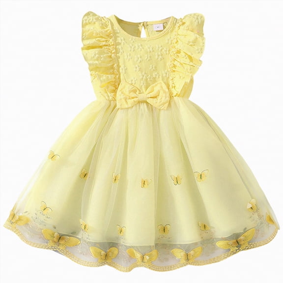 Yindaity Girls Summer Dresses Girls Ruffle Trim Dress Solid Color A-line Swing Flared Belted Casual Party Dress(Yellow,3-4 Years)