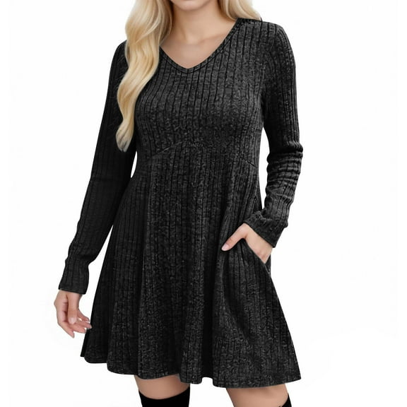 Aloohaidyvio Womens Long Sleeve Casual Dress Fall Ribbed Knit Sweater Crewneck Midi Dresses with Pockets
