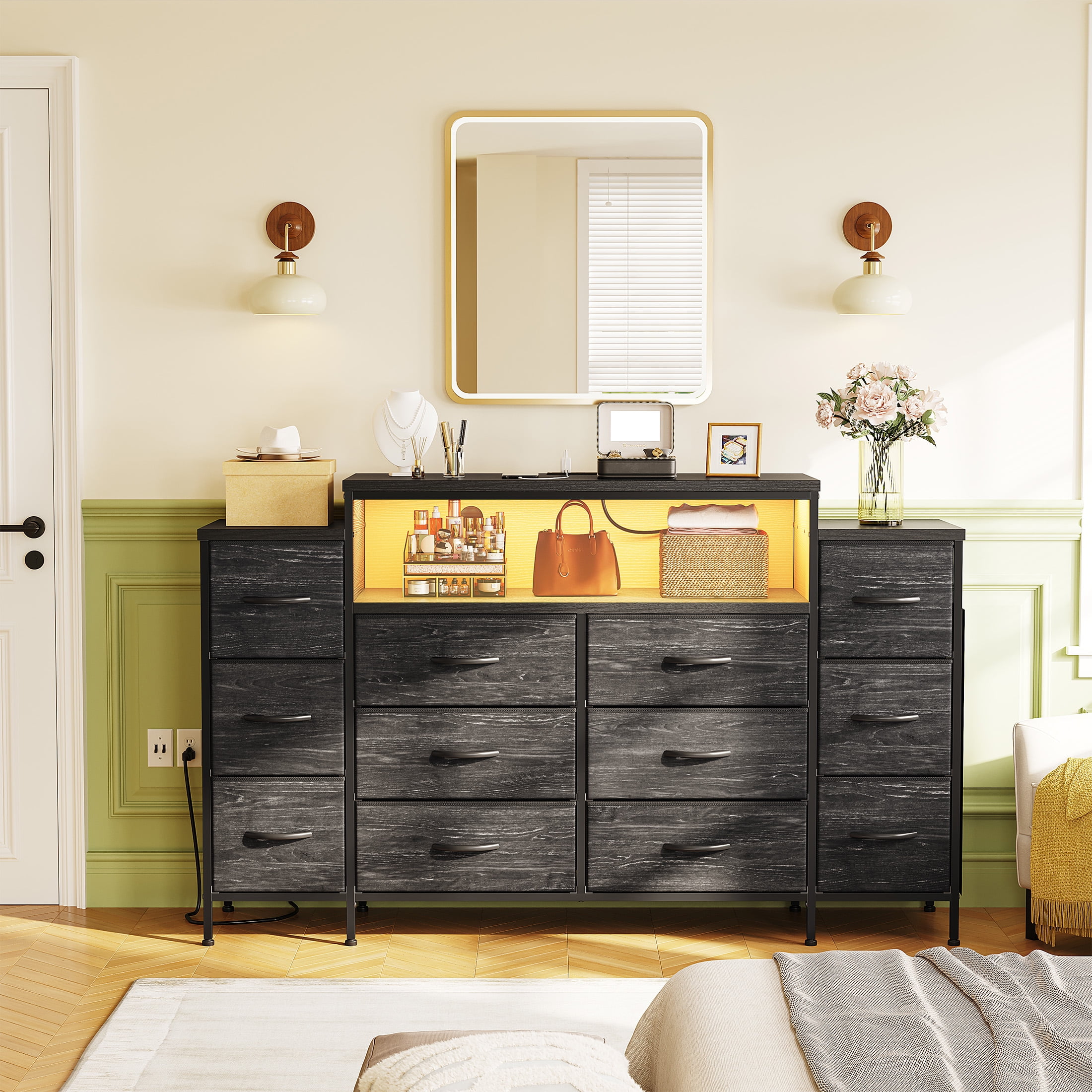 EnHomee 55" W Black Dressers for Bedroom with LED Lights & Charging Station 12 Drawer Fabric Dressers,11.8"D x 33.5"H