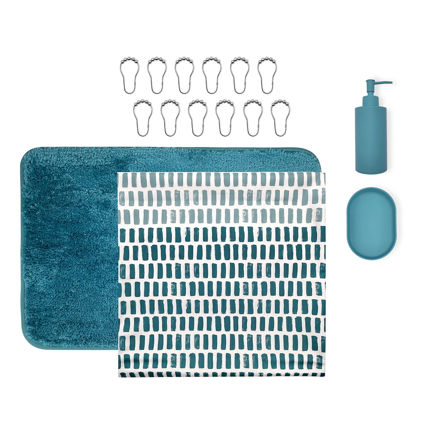 Mainstays 16-Piece Ombre Stripe Shower Curtain Bathroom Set – Blue Fabric Curtain with Rug, Hooks, Soap Dispenser & Tray