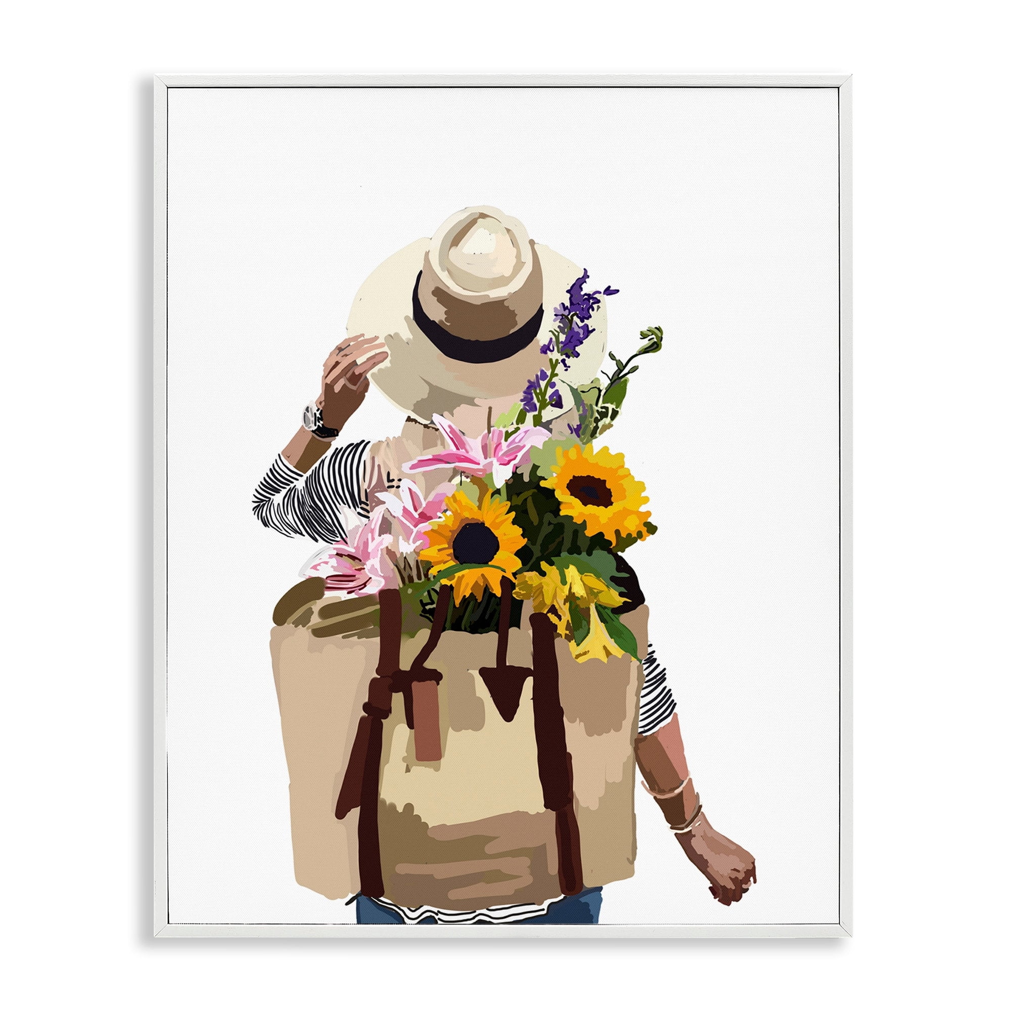 Stupell Industries Woman Carrying Floral Backpack Varied Sunflower Blossoms Graphic Art White Framed Art Print Wall Art, Design by Amelia Noyes