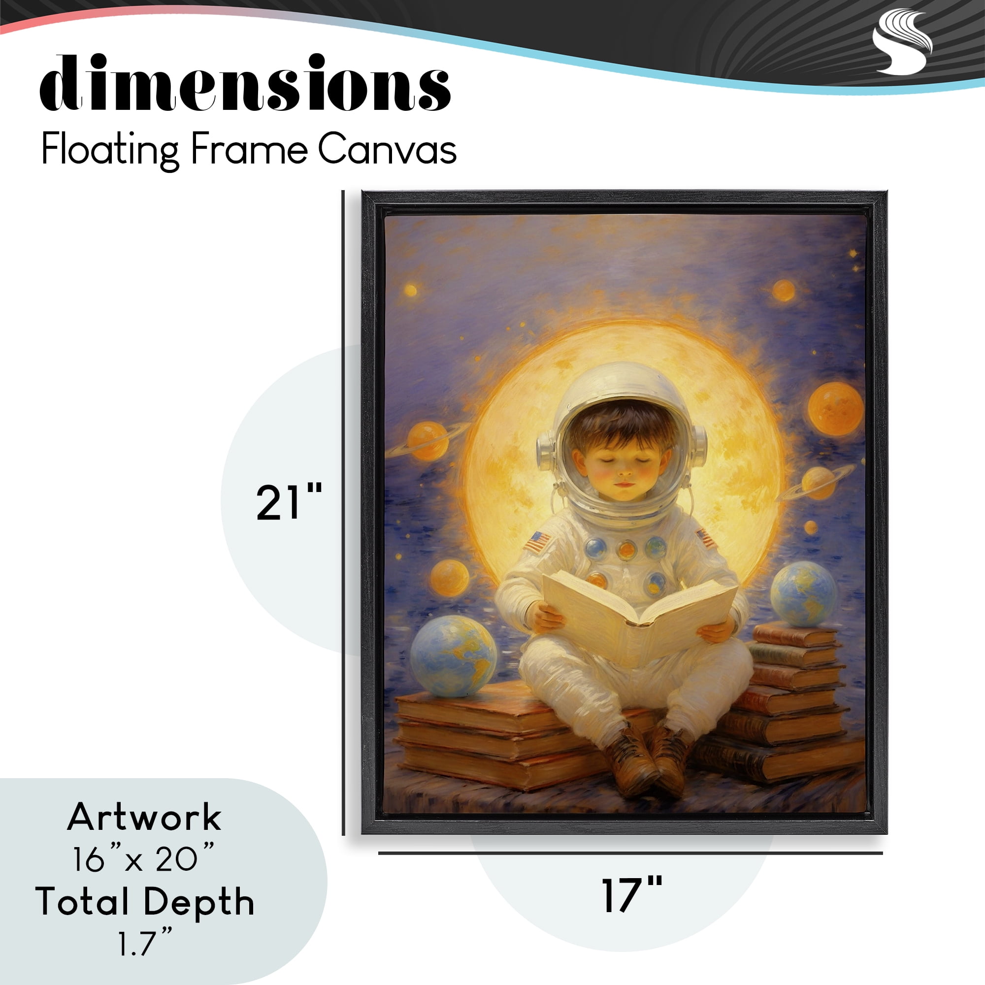Astronaut Child Learning Black Framed Floater Canvas Wall Art, design by Angie Hawke