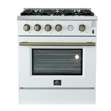 Marco 30-inch Gas Range White & Antique Brass Design, 4 Burners 37,000 BTU, 4.32 cu.ft. Convection Oven