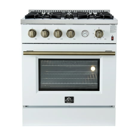 Marco 30-inch Gas Range White & Antique Brass Design, 4 Burners 37,000 BTU, 4.32 cu.ft. Convection Oven