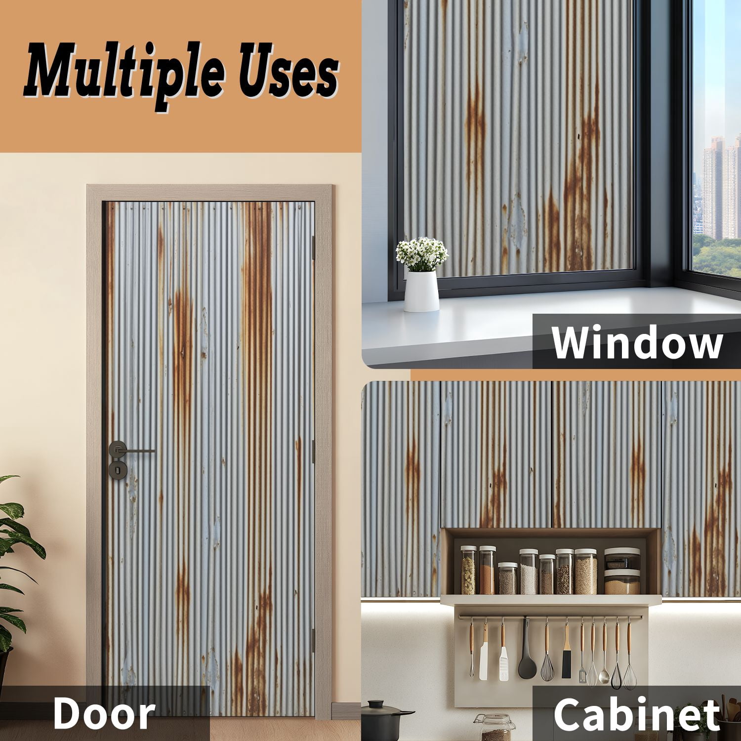 Self Adhesive Vinyl Refrigerator Wrap Set Rusty Corrugated Metal Weathered Gray Orange Patina Door Mural Removable Fridge Sticker Peel and Stick&nbsp;Full Door Cover Decal Kitchen Bar Decor