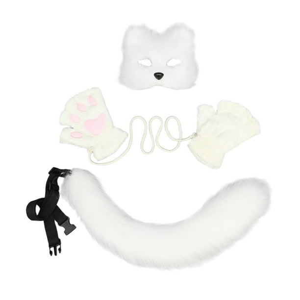 Máscara y cola de Therian para adultos y niños. Preciosa máscara de lobo para representaciones teatrales. Cola de pelo largo blanca